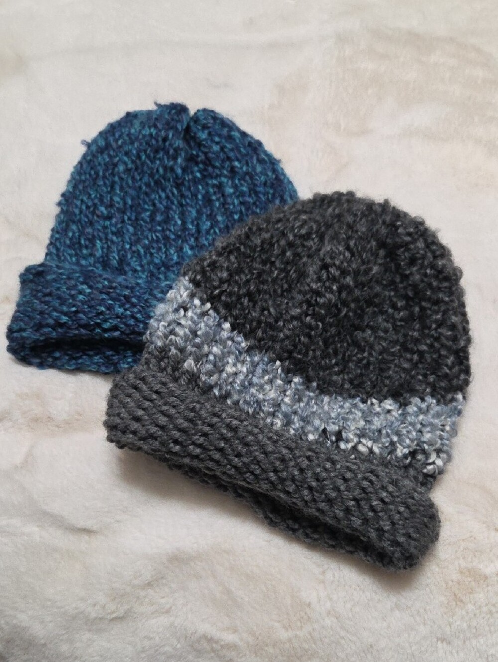 2 Handmade Chunky Handknit Beanies Gray and Blue